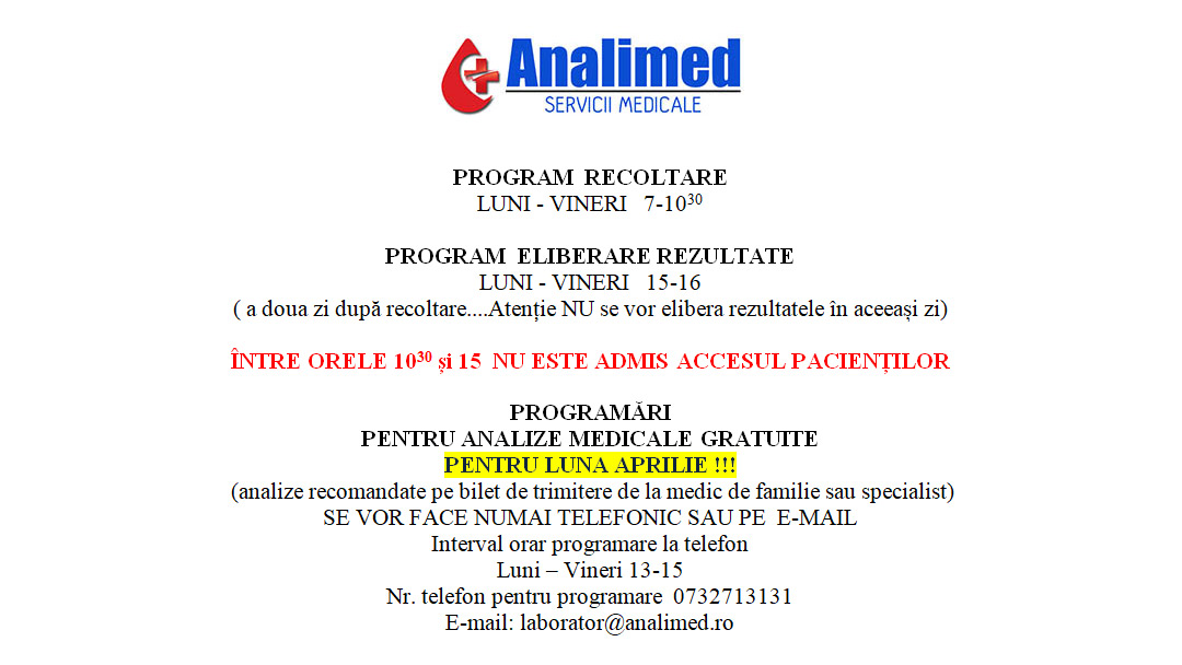 COVID-19 – Informatii pentru pacienti si program Analimed – Aprilie